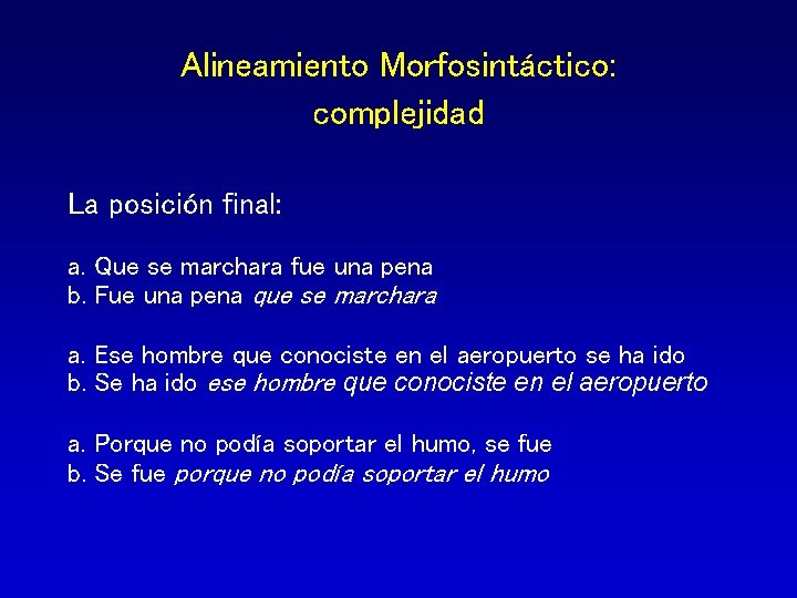 Alineamiento Morfosintáctico: complejidad La posición final: a. Que se marchara fue una pena b.