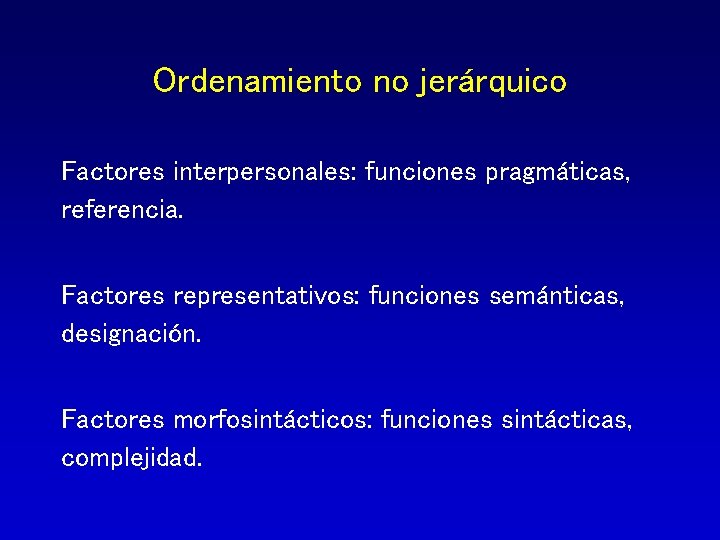 Ordenamiento no jerárquico Factores interpersonales: funciones pragmáticas, referencia. Factores representativos: funciones semánticas, designación. Factores