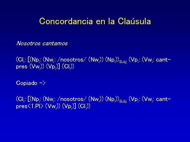 Concordancia en la Claúsula Nosotros cantamos (Cli: [(Npi: (Nwi: /nosotros/ (Nwi)) (Npi))Subj (Vpi: (Vwi: