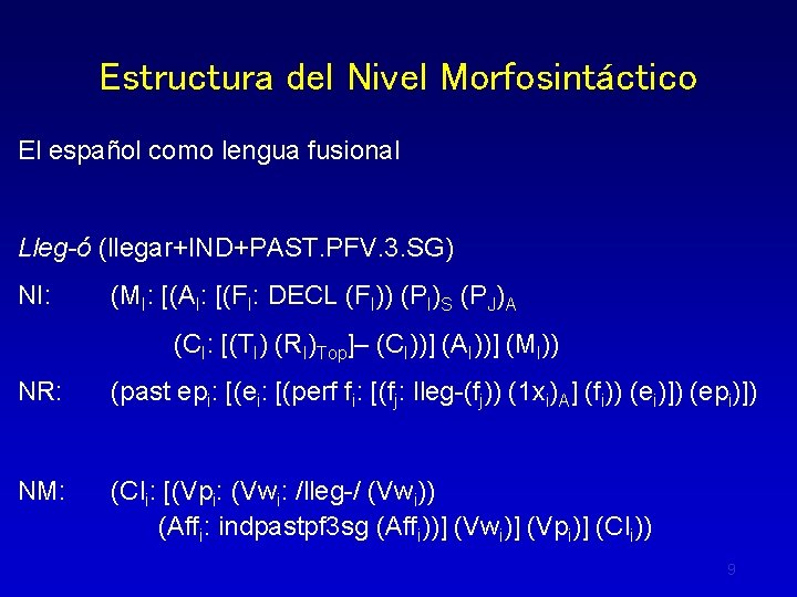 Estructura del Nivel Morfosintáctico El español como lengua fusional Lleg-ó (llegar+IND+PAST. PFV. 3. SG)