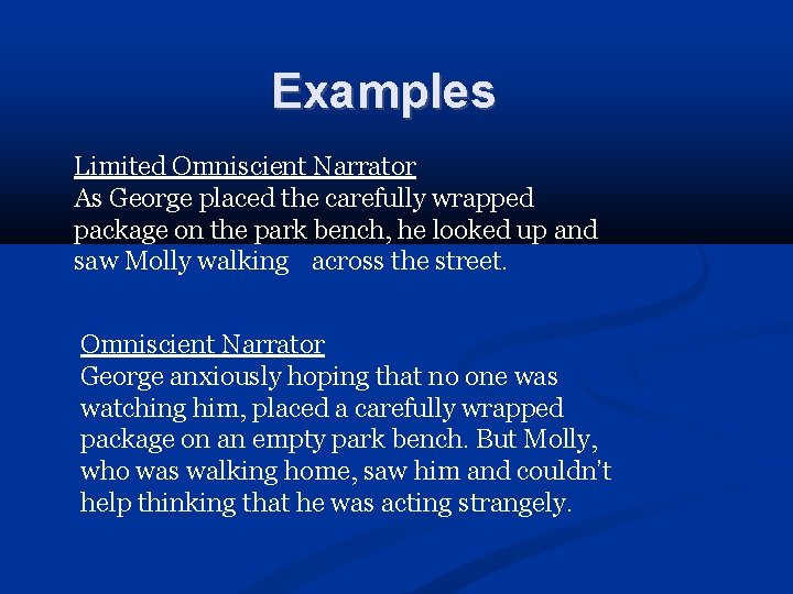 Examples Limited Omniscient Narrator As George placed the carefully wrapped package on the park