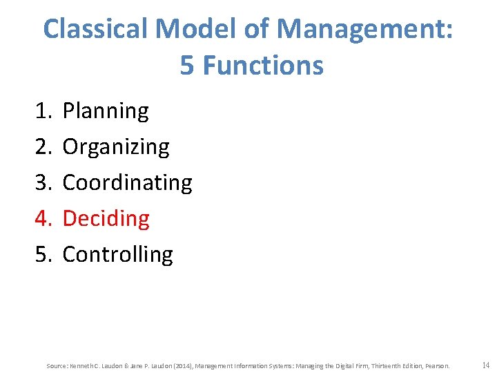 Classical Model of Management: 5 Functions 1. 2. 3. 4. 5. Planning Organizing Coordinating