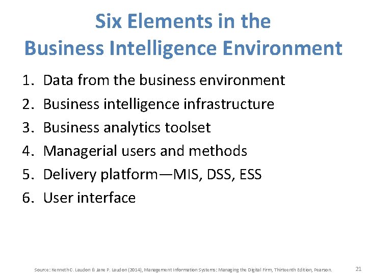Six Elements in the Business Intelligence Environment 1. 2. 3. 4. 5. 6. Data