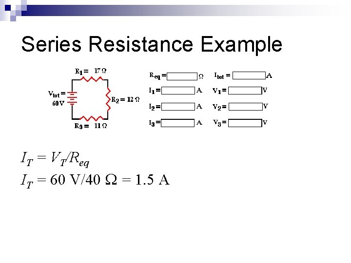 Series Resistance Example IT = VT/Req IT = 60 V/40 W = 1. 5