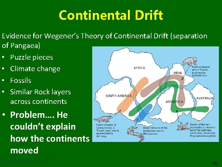 Continental Drift Evidence for Wegener’s Theory of Continental Drift (separation of Pangaea) • Puzzle