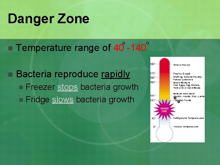 Danger Zone n Temperature range of 40 -140 n Bacteria reproduce rapidly Freezer stops