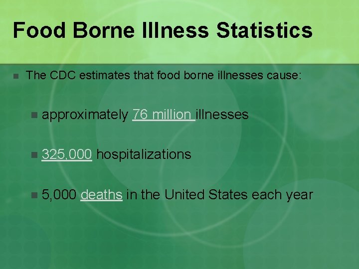 Food Borne Illness Statistics n The CDC estimates that food borne illnesses cause: n