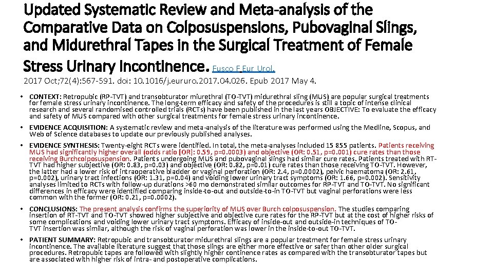 Updated Systematic Review and Meta-analysis of the Comparative Data on Colposuspensions, Pubovaginal Slings, and