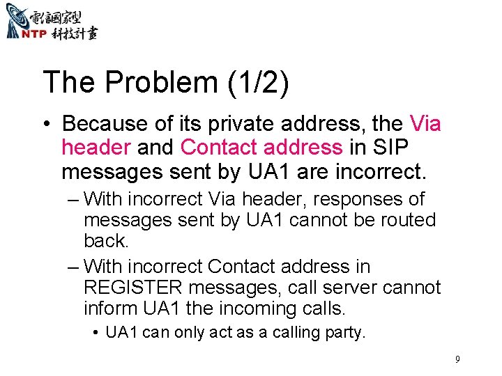 The Problem (1/2) • Because of its private address, the Via header and Contact The Problem (1/2) • Because of its private address, the Via header and Contact