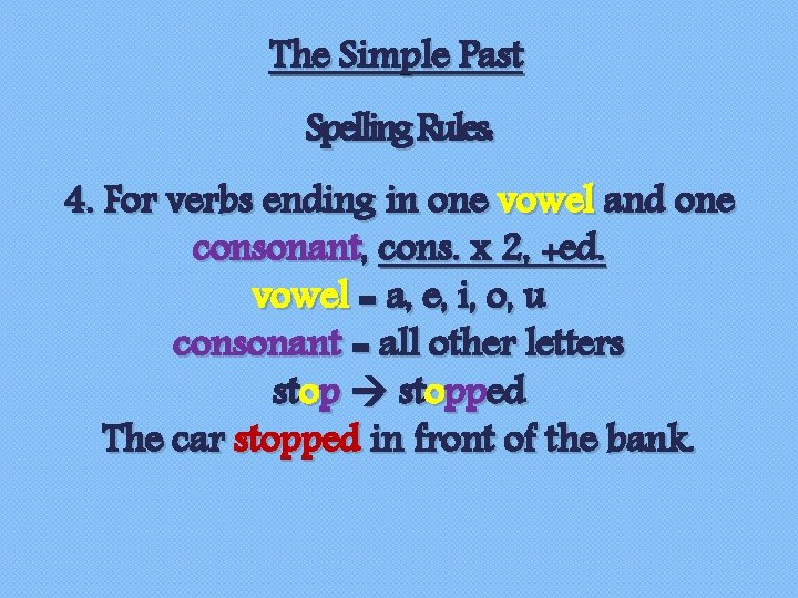 The Simple Past Spelling Rules: 4. For verbs ending in one vowel and one