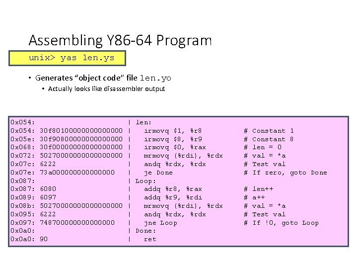 Assembling Y 86 -64 Program unix> yas len. ys • Generates “object code” file