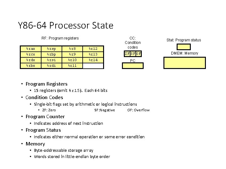 Y 86 -64 Processor State RF: Program registers %rax %rcx %rdx %rbx %rsp %rbp