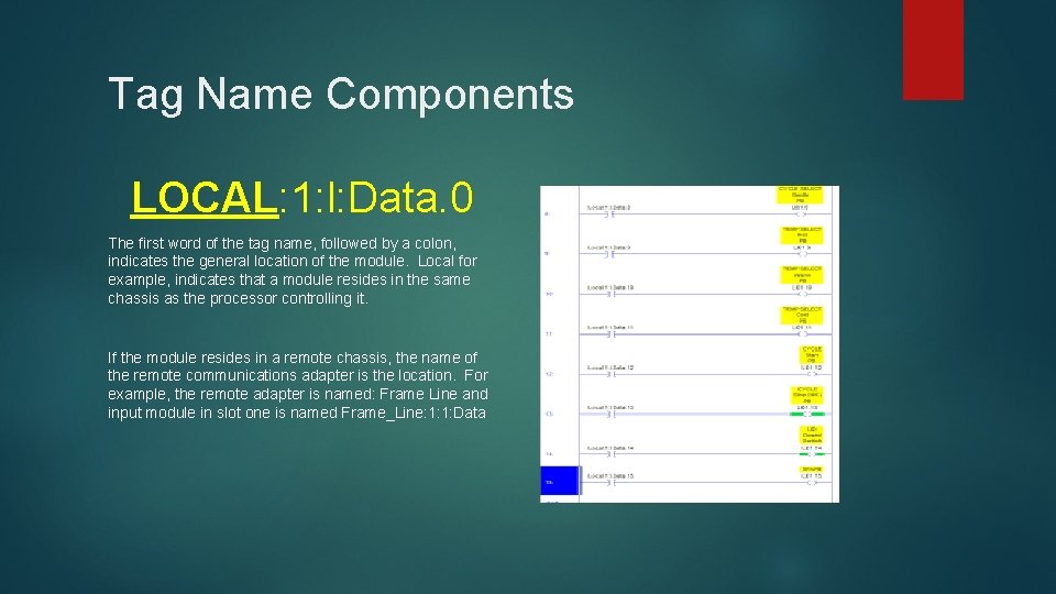 Tag Name Components LOCAL: 1: l: Data. 0 The first word of the tag