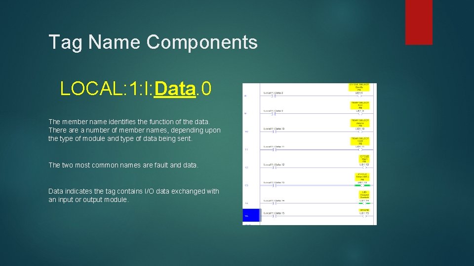 Tag Name Components LOCAL: 1: l: Data. 0 The member name identifies the function