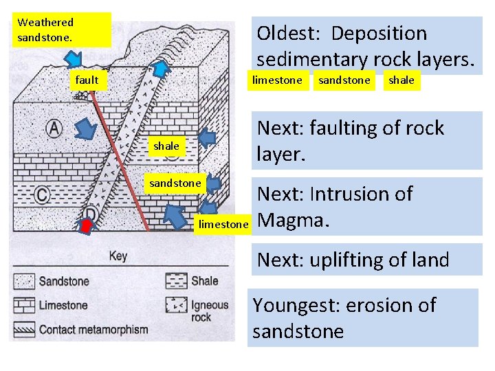 Weathered sandstone. Oldest: Deposition sedimentary rock layers. fault limestone sandstone shale Next: faulting of Weathered sandstone. Oldest: Deposition sedimentary rock layers. fault limestone sandstone shale Next: faulting of