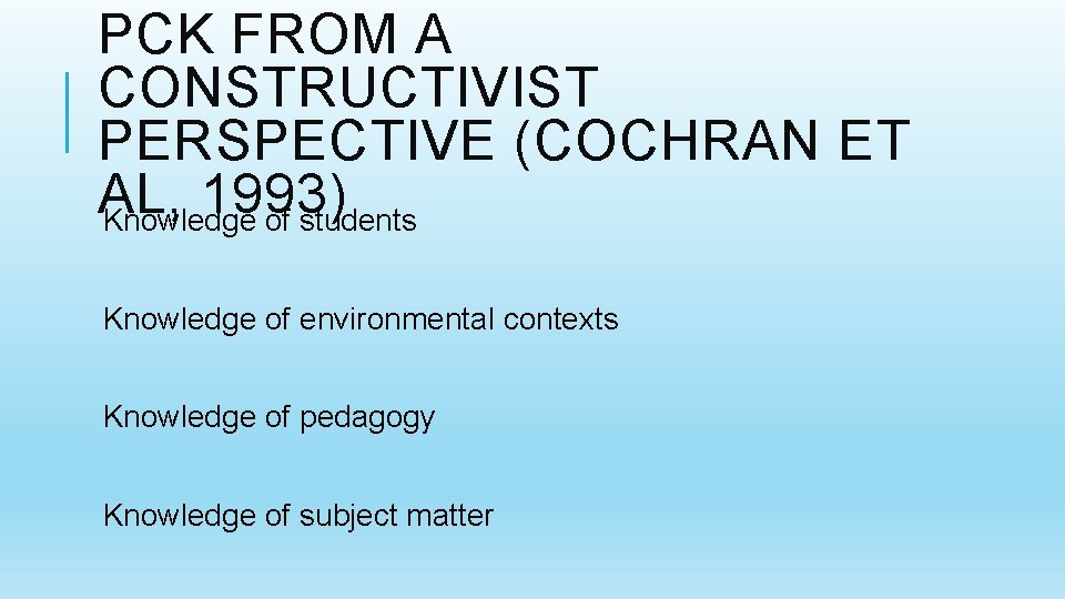 PCK FROM A CONSTRUCTIVIST PERSPECTIVE (COCHRAN ET AL, 1993) Knowledge of students Knowledge of
