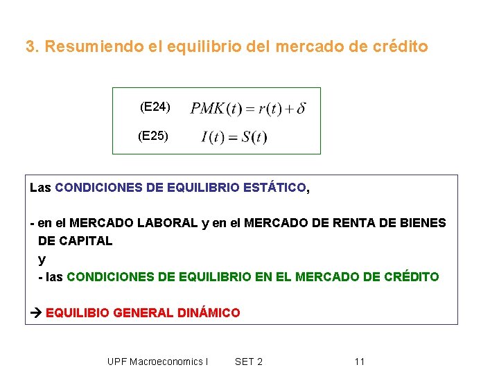 3. Resumiendo el equilibrio del mercado de crédito (E 24) (E 25) Las CONDICIONES