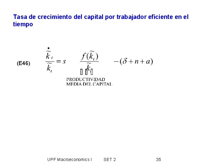 Tasa de crecimiento del capital por trabajador eficiente en el tiempo (E 46) UPF