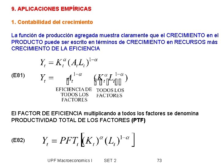 9. APLICACIONES EMPÍRICAS 1. Contabilidad del crecimiento La función de producción agregada muestra claramente