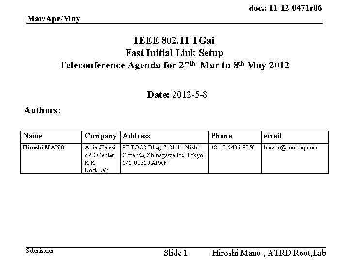 doc. : 11 -12 -0471 r 06 Mar/Apr/May IEEE 802. 11 TGai Fast Initial