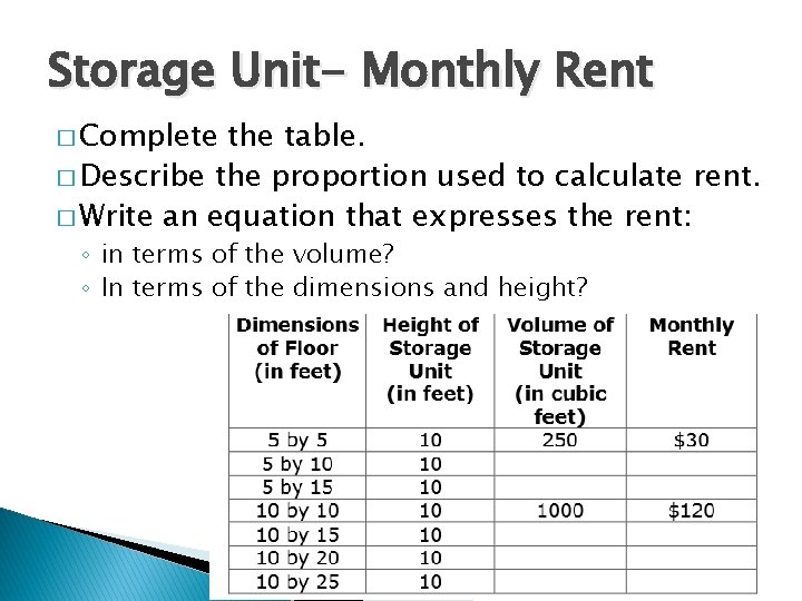 Storage Unit- Monthly Rent � Complete the table. � Describe the proportion used to