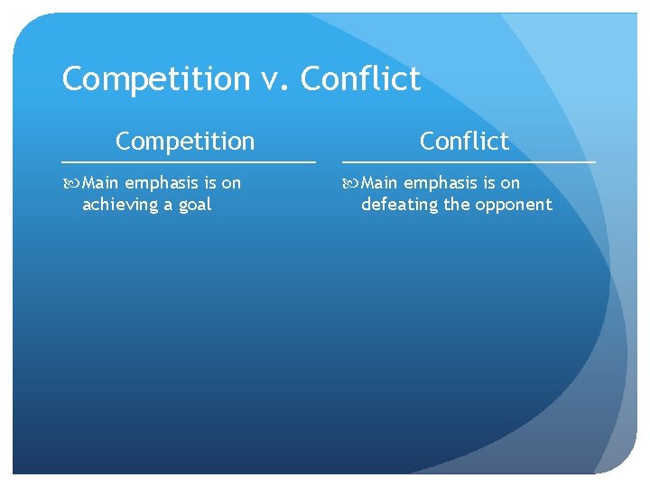 Competition v. Conflict Competition Main emphasis is on achieving a goal Conflict Main emphasis