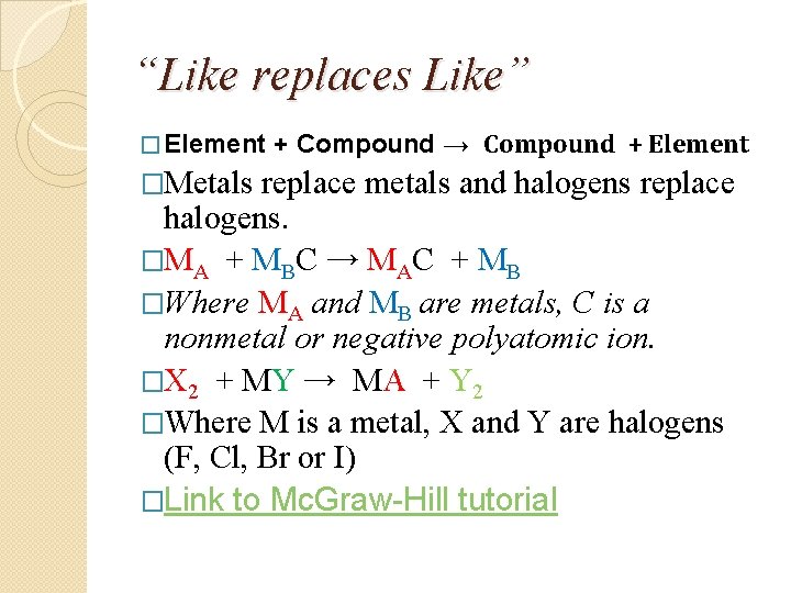 “Like replaces Like” � Element �Metals + Compound → Compound + Element replace metals