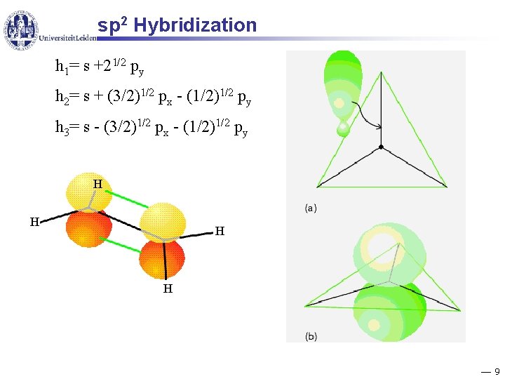 sp 2 Hybridization h 1= s +21/2 py h 2= s + (3/2)1/2 px