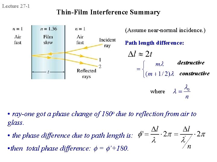 Lecture 27 -1 Thin-Film Interference Summary (Assume near-normal incidence. ) Path length difference: destructive Lecture 27 -1 Thin-Film Interference Summary (Assume near-normal incidence. ) Path length difference: destructive