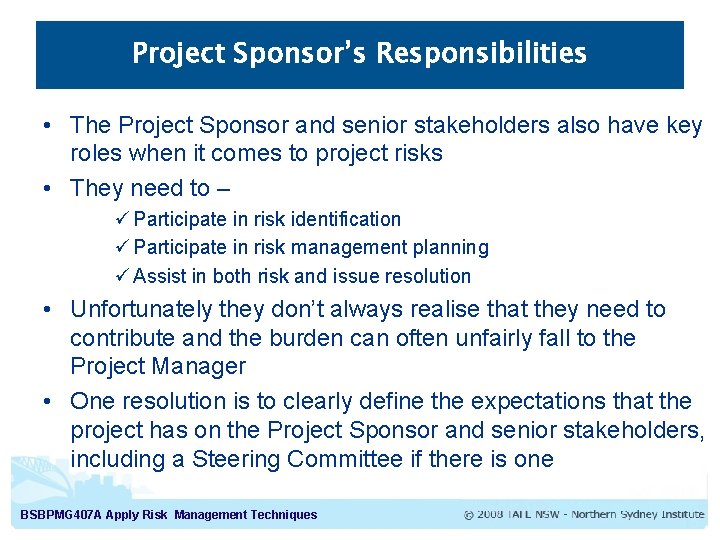 Project Sponsor’s Responsibilities • The Project Sponsor and senior stakeholders also have key roles Project Sponsor’s Responsibilities • The Project Sponsor and senior stakeholders also have key roles