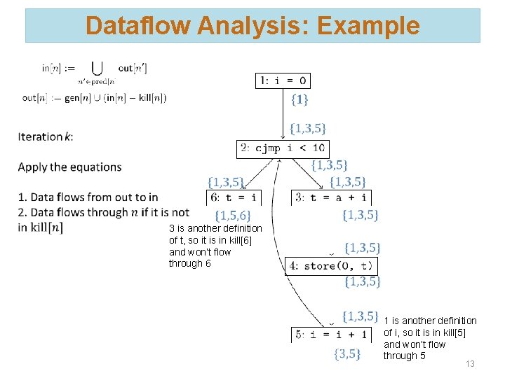 Dataflow Analysis: Example 3 is another definition of t, so it is in kill[6]