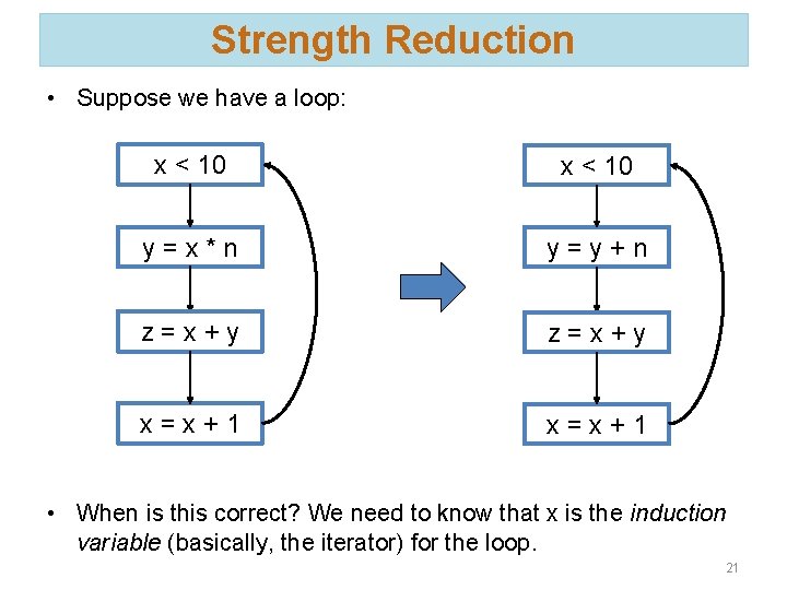 Strength Reduction • Suppose we have a loop: x < 10 y=x*n y=y+n z=x+y