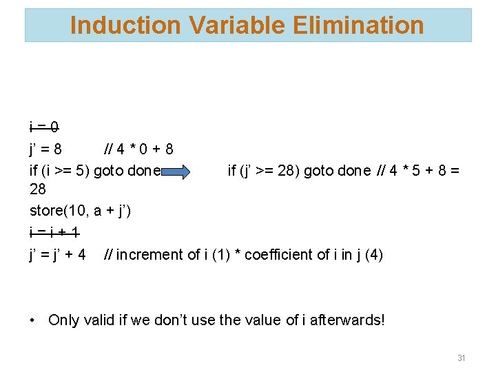 Induction Variable Elimination i=0 j’ = 8 // 4 * 0 + 8 if