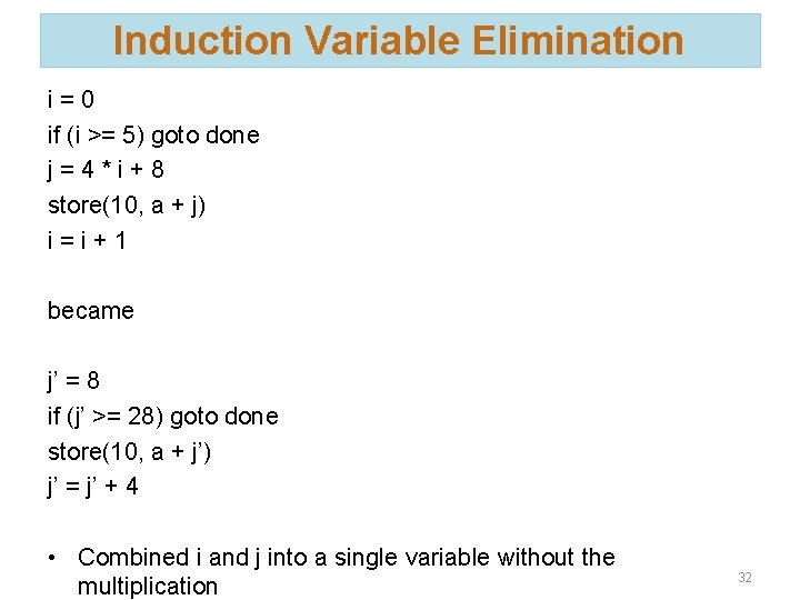 Induction Variable Elimination i=0 if (i >= 5) goto done j=4*i+8 store(10, a +