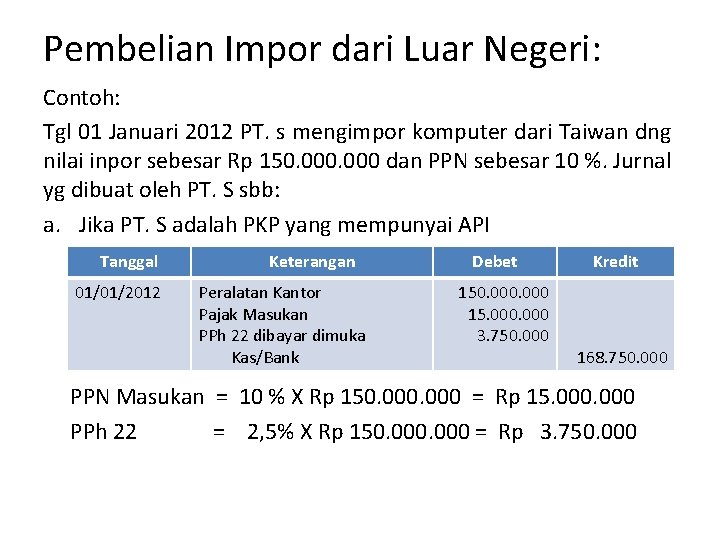 Pembelian Impor dari Luar Negeri: Contoh: Tgl 01 Januari 2012 PT. s mengimpor komputer