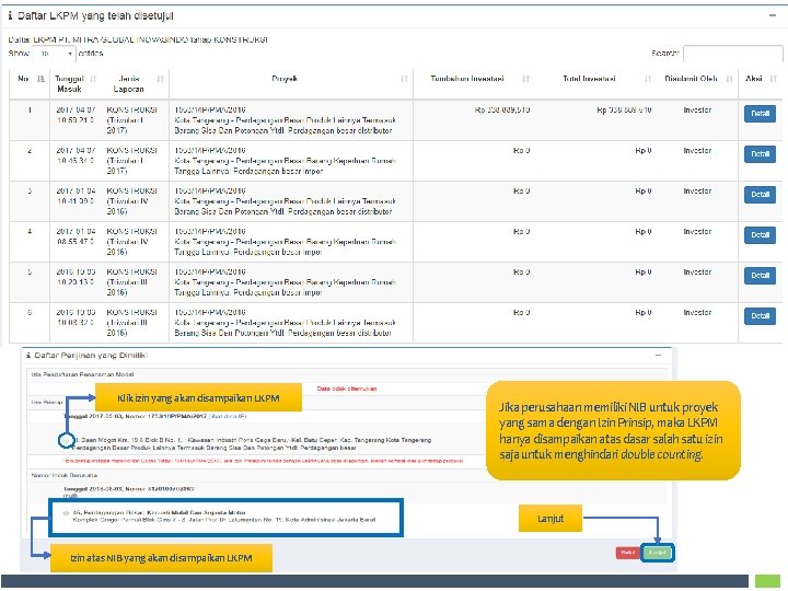 Klik izin yang akan disampaikan LKPM Jika perusahaan memiliki NIB untuk proyek yang sama