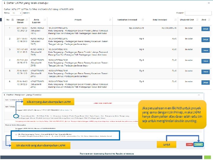 Klik izin yang akan disampaikan LKPM Jika perusahaan memiliki NIB untuk proyek yang sama