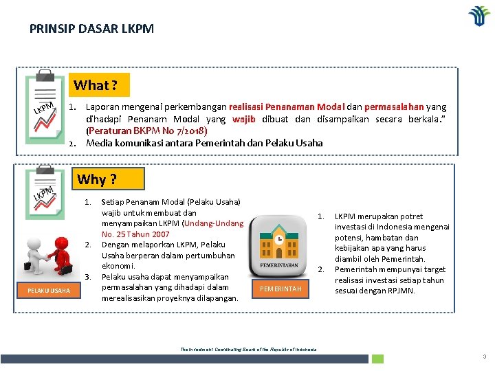 PRINSIP DASAR LKPM What ? M LKP 1. Laporan mengenai perkembangan realisasi Penanaman Modal