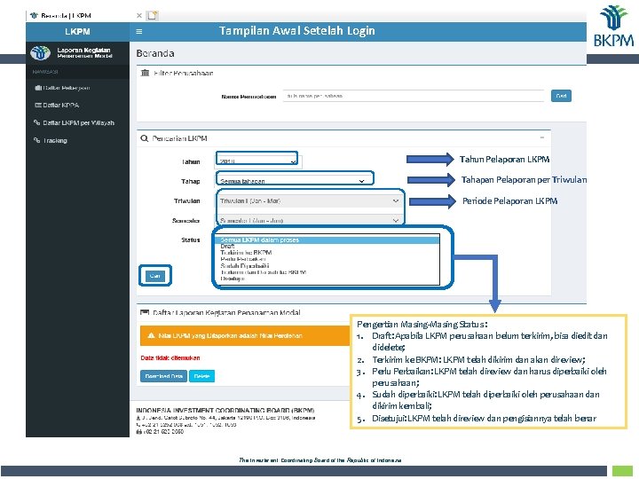 Tampilan Awal Setelah Login Tahun Pelaporan LKPM Tahapan Pelaporan per Triwulan Periode Pelaporan LKPM