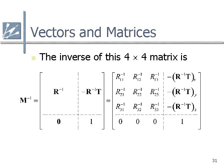 Vectors and Matrices n The inverse of this 4 4 matrix is 31 