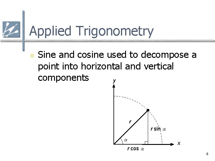 Applied Trigonometry n Sine and cosine used to decompose a point into horizontal and