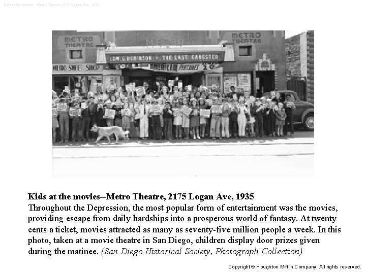 Kids at the movies--Metro Theatre, 2175 Logan Ave, 1935 Throughout the Depression, the most