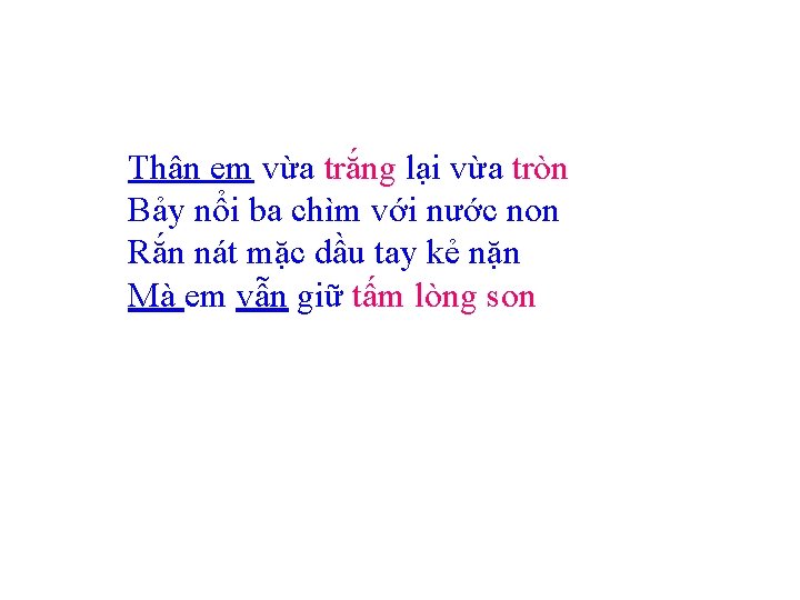 Thân em vừa trắng lại vừa tròn Bảy nổi ba chìm với nước non