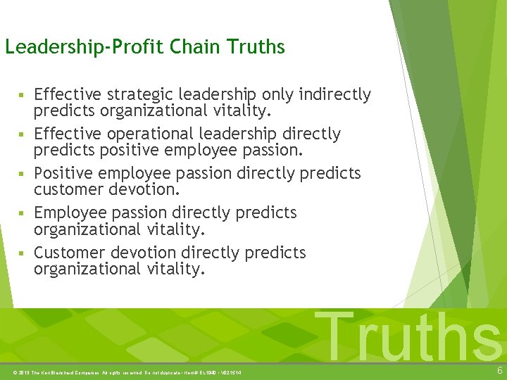 Leadership-Profit Chain Truths § § § Effective strategic leadership only indirectly predicts organizational vitality.