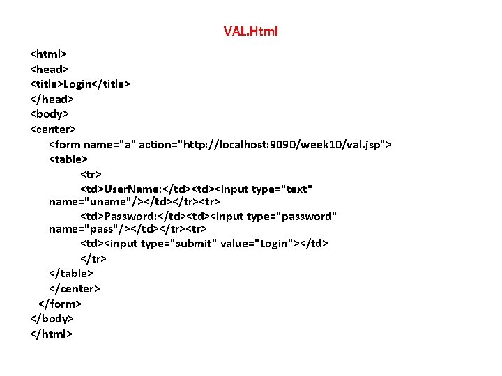 VAL. Html <html> <head> <title>Login</title> </head> <body> <center> <form name="a" action="http: //localhost: 9090/week 10/val.