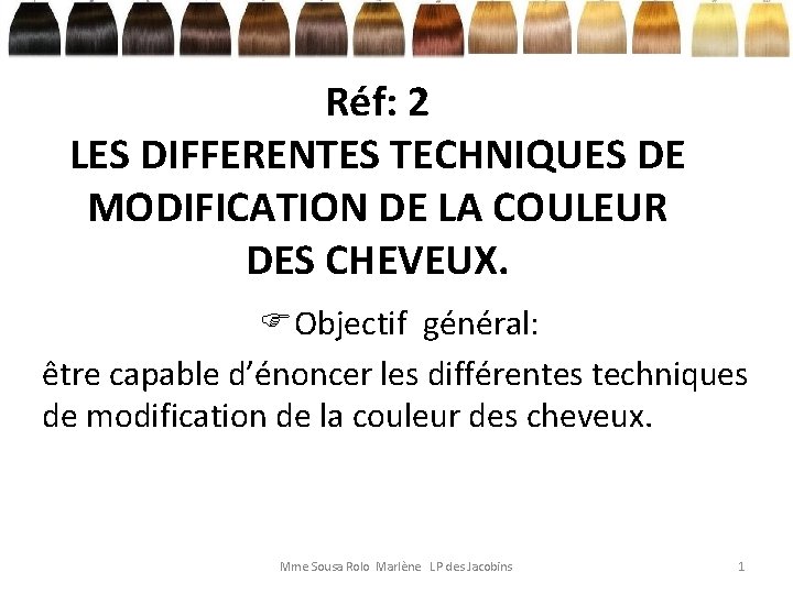 Réf: 2 LES DIFFERENTES TECHNIQUES DE MODIFICATION DE LA COULEUR DES CHEVEUX. Objectif général: