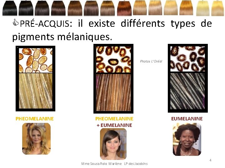  PRÉ-ACQUIS: il existe différents types de pigments mélaniques. Photos L’Oréal PHEOMELANINE + EUMELANINE