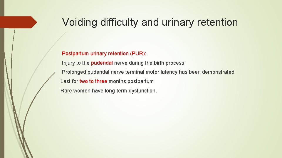 Voiding difficulty and urinary retention Postpartum urinary retention (PUR): Injury to the pudendal nerve