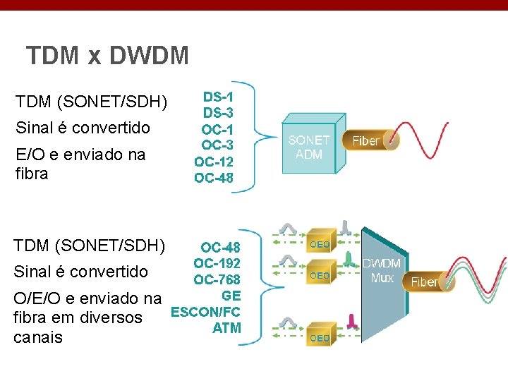 TDM x DWDM TDM (SONET/SDH) Sinal é convertido E/O e enviado na fibra TDM