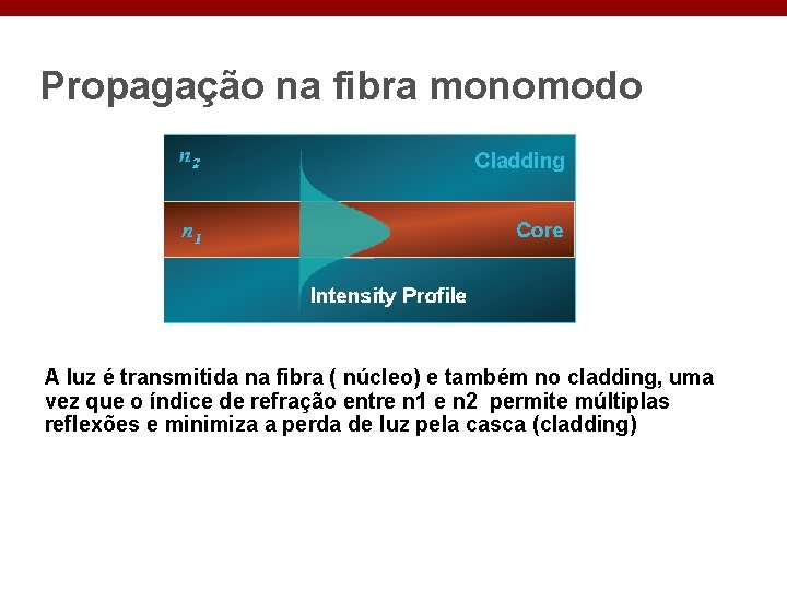 Propagação na fibra monomodo A luz é transmitida na fibra ( núcleo) e também